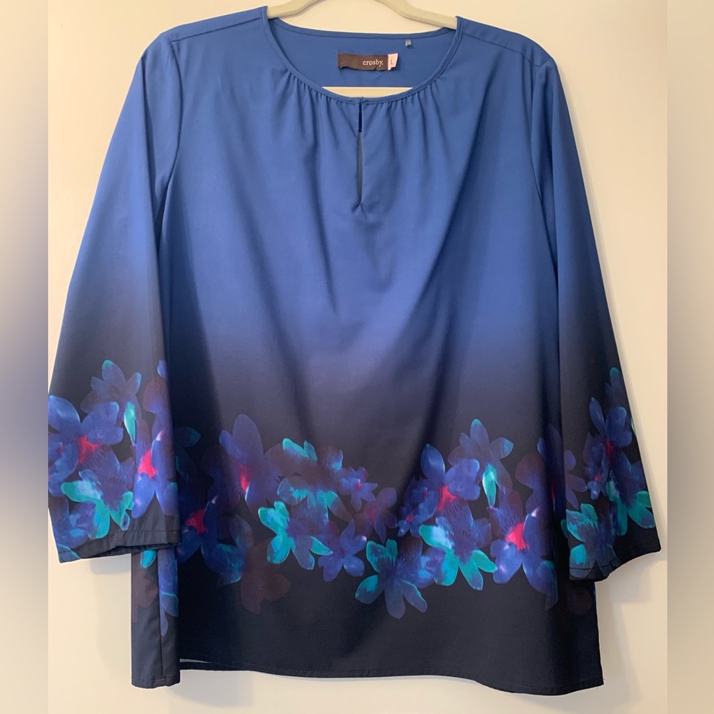 Crosby Women Blue Teal Pink Long Sleeve Blouse Floral L